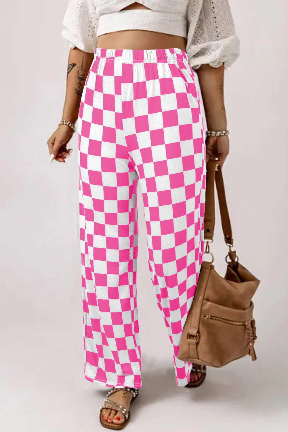 2-Tone Checked Print High Waist Wide Leg Pants