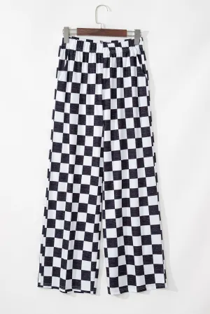 2-Tone Checked Print High Waist Wide Leg Pants