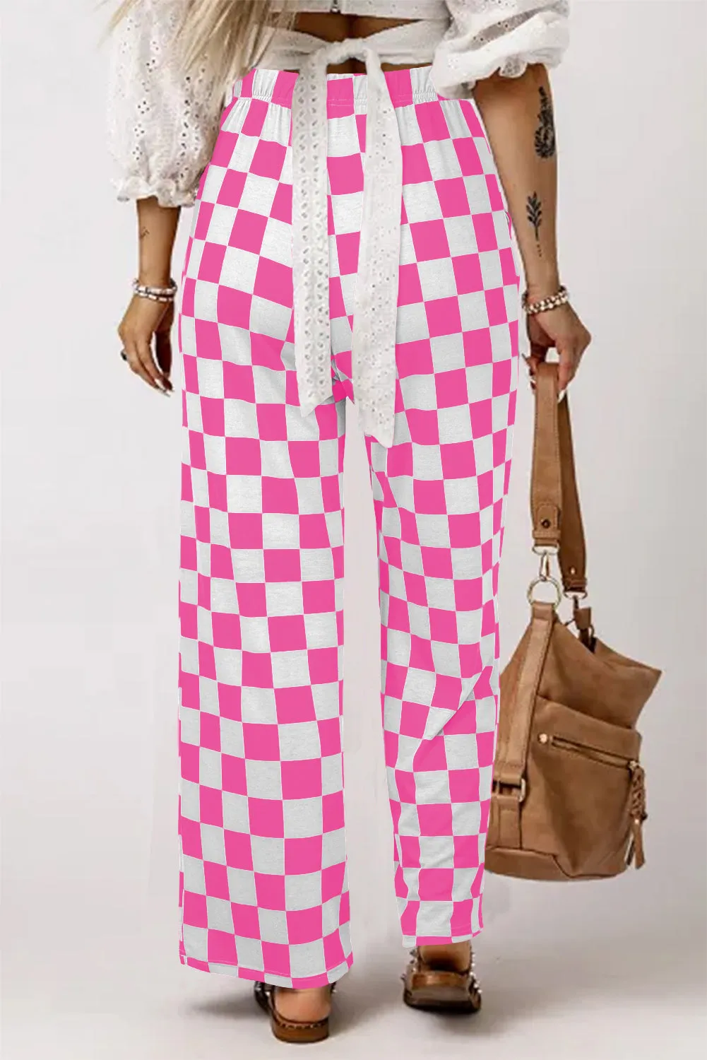 2-Tone Checked Print High Waist Wide Leg Pants