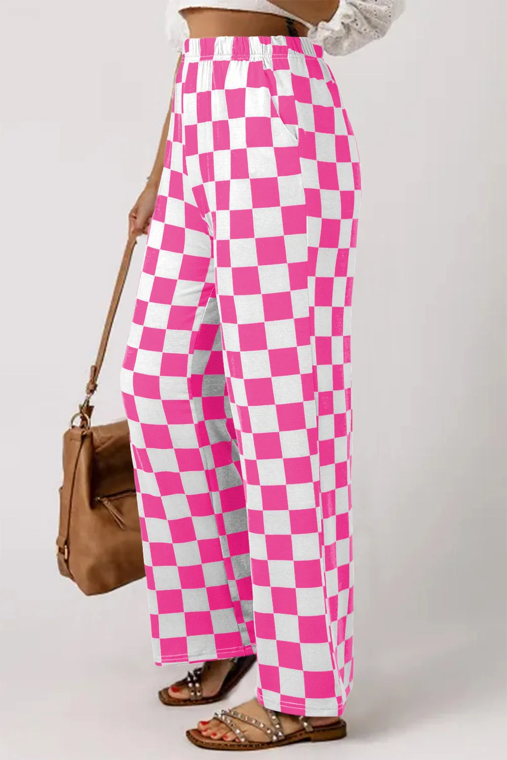 2-Tone Checked Print High Waist Wide Leg Pants