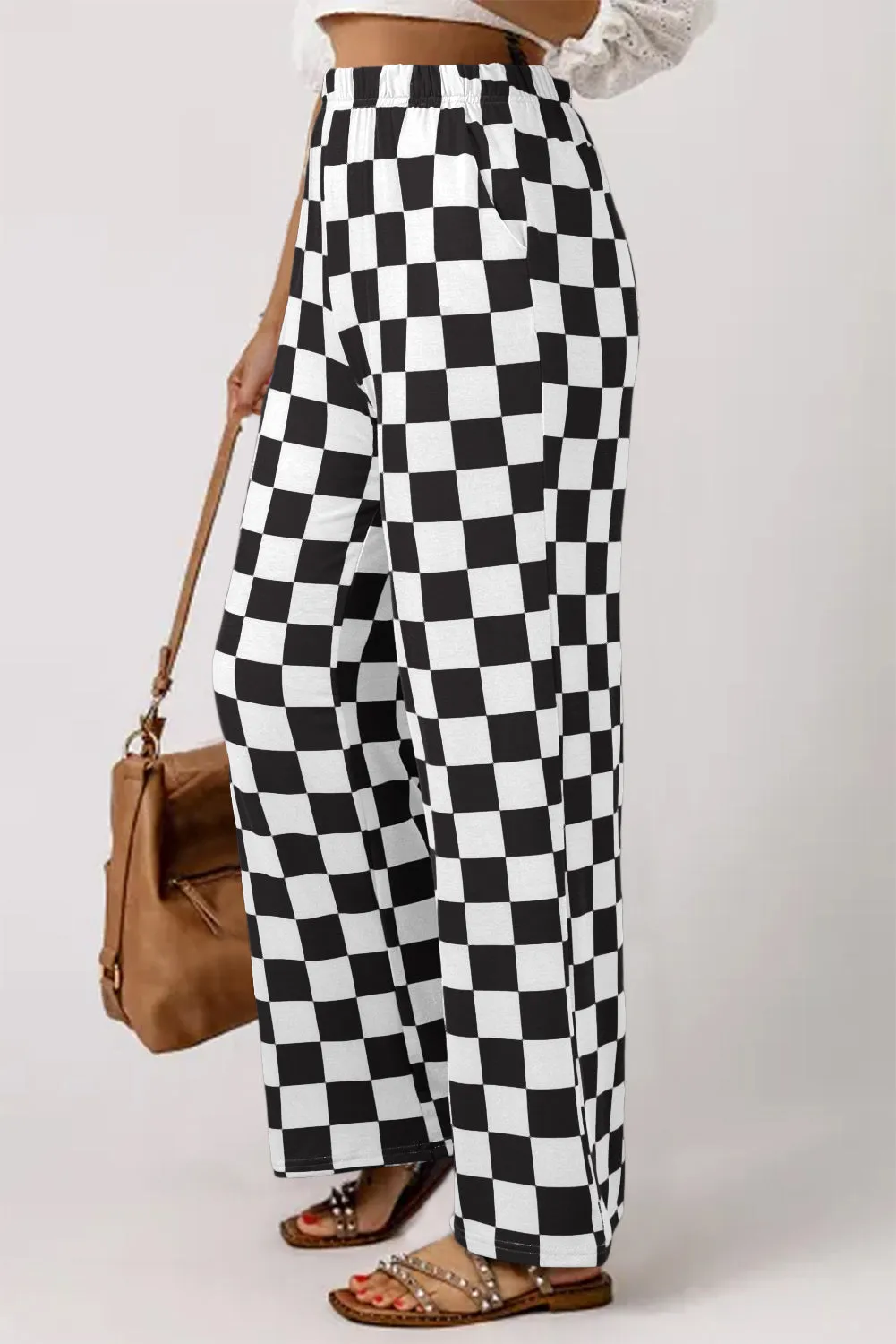 2-Tone Checked Print High Waist Wide Leg Pants