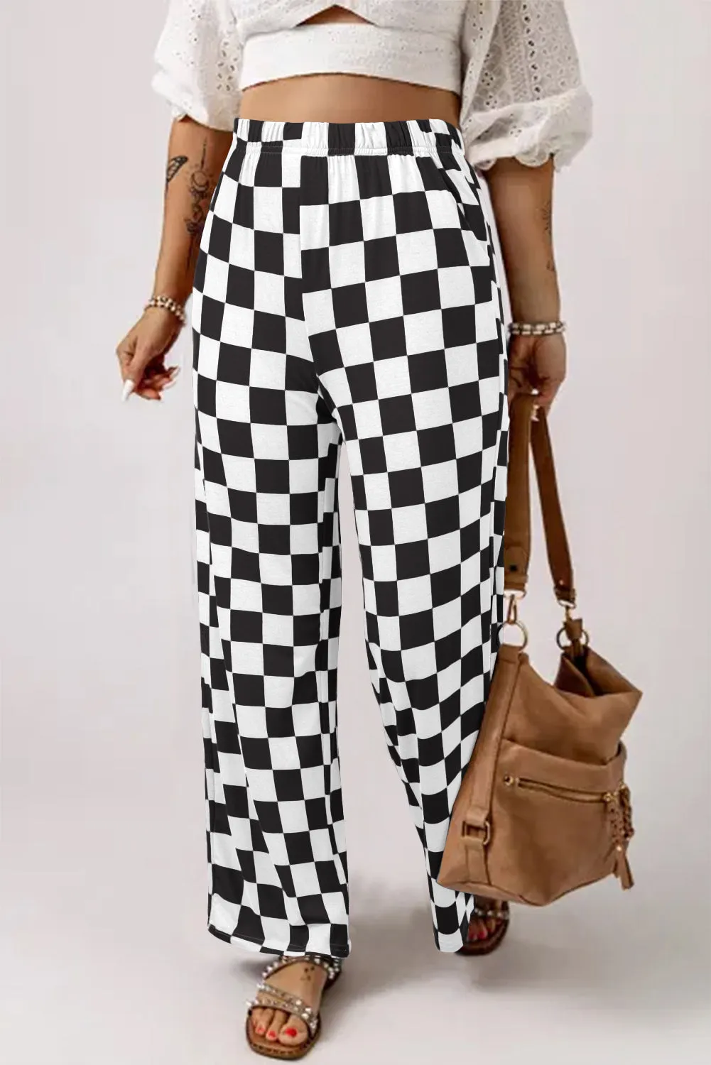 2-Tone Checked Print High Waist Wide Leg Pants