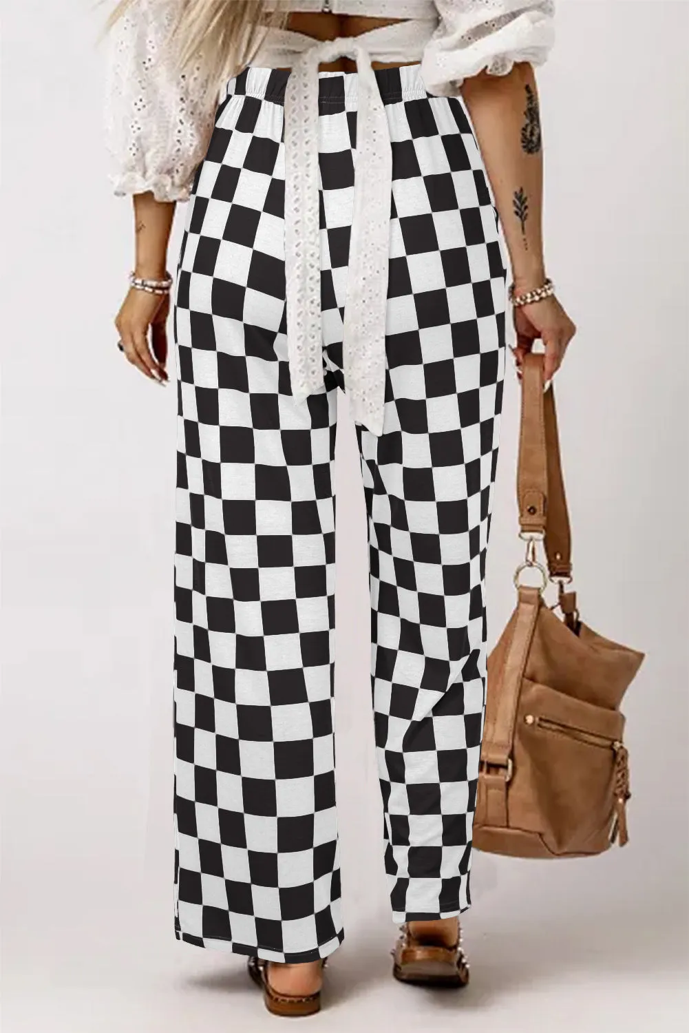 2-Tone Checked Print High Waist Wide Leg Pants