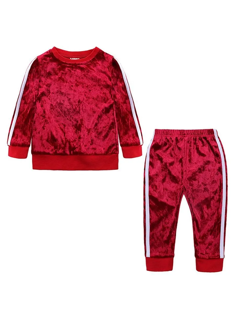 4 Colors Indoor Toddler Kids Baby Spring Striped 2-piece Velvet Clothes Set Jumper and Pants