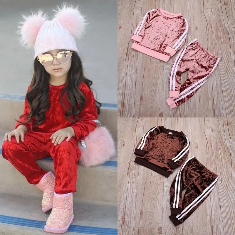 4 Colors Indoor Toddler Kids Baby Spring Striped 2-piece Velvet Clothes Set Jumper and Pants