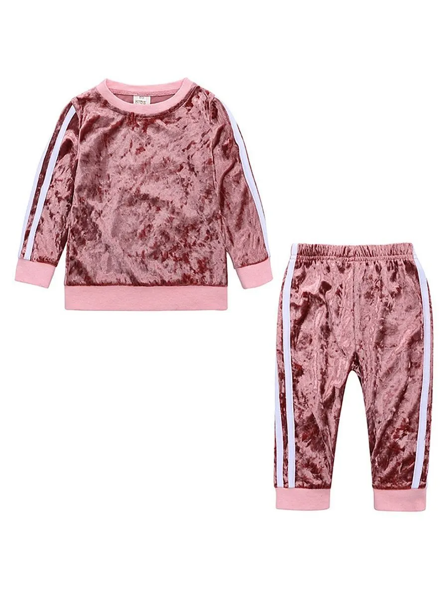 4 Colors Indoor Toddler Kids Baby Spring Striped 2-piece Velvet Clothes Set Jumper and Pants