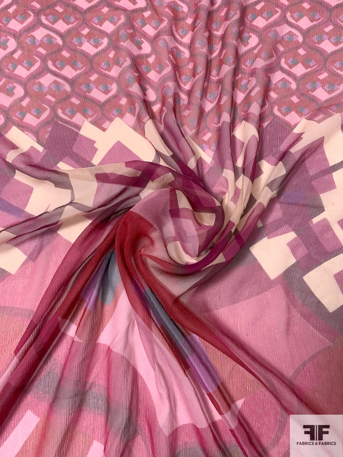 Abstract Multi-Patterned Crinkled Silk Chiffon - Shades of Pink / Magneta / Orchid