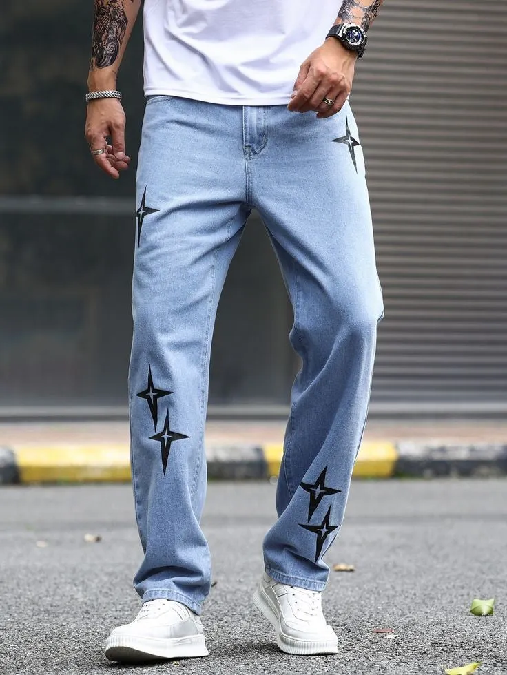 Aesthetic Star printed Relaxed Straight Fit Baggy Sky Blue Jeans