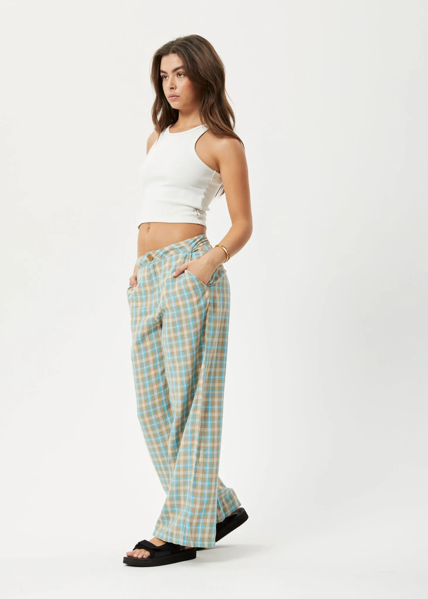 AFENDS Womens Millie Sienna - Wide Leg Pants - Tan Check