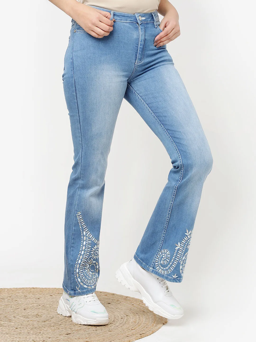 Airah Medium Blue Embroidered Classic Fit Denims for Women