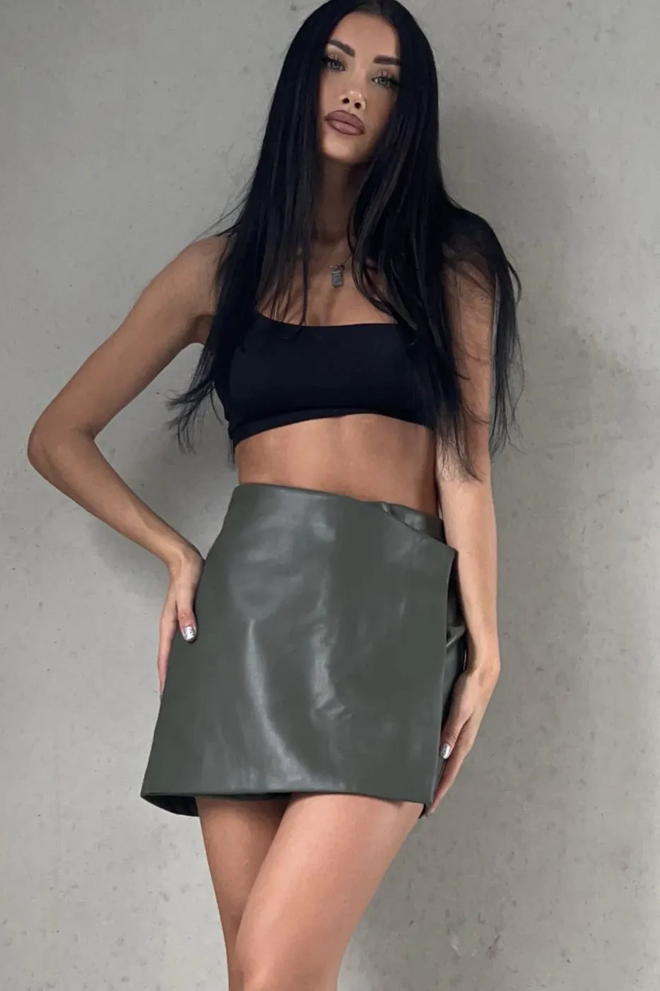 Alannah Khaki Leather Look Skort