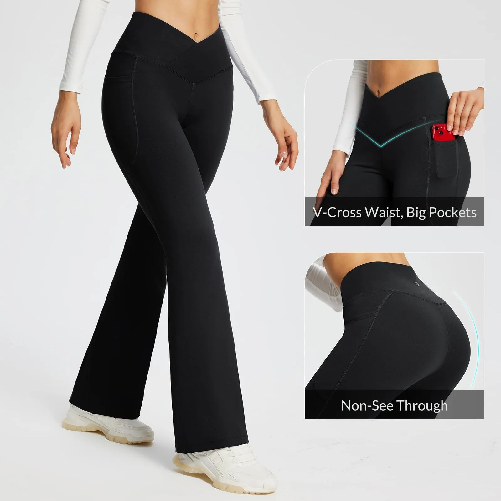 BALEAF Flare Leggings for Women Bootcut Yoga Pants Crossover High Waist Workout Casual Trendy Pants with Pockets Black 29'''' Large