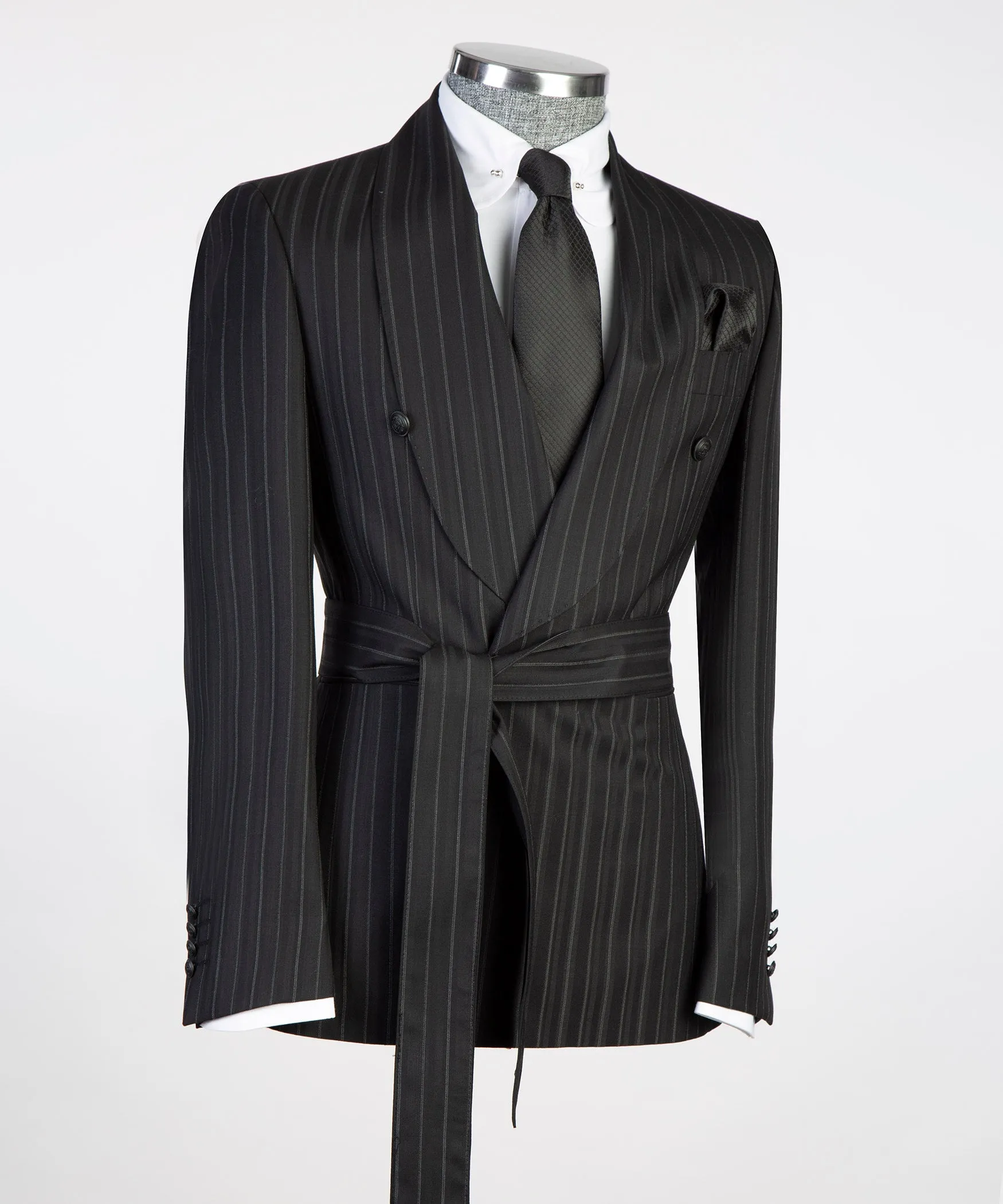 Belted Black Striped Suit