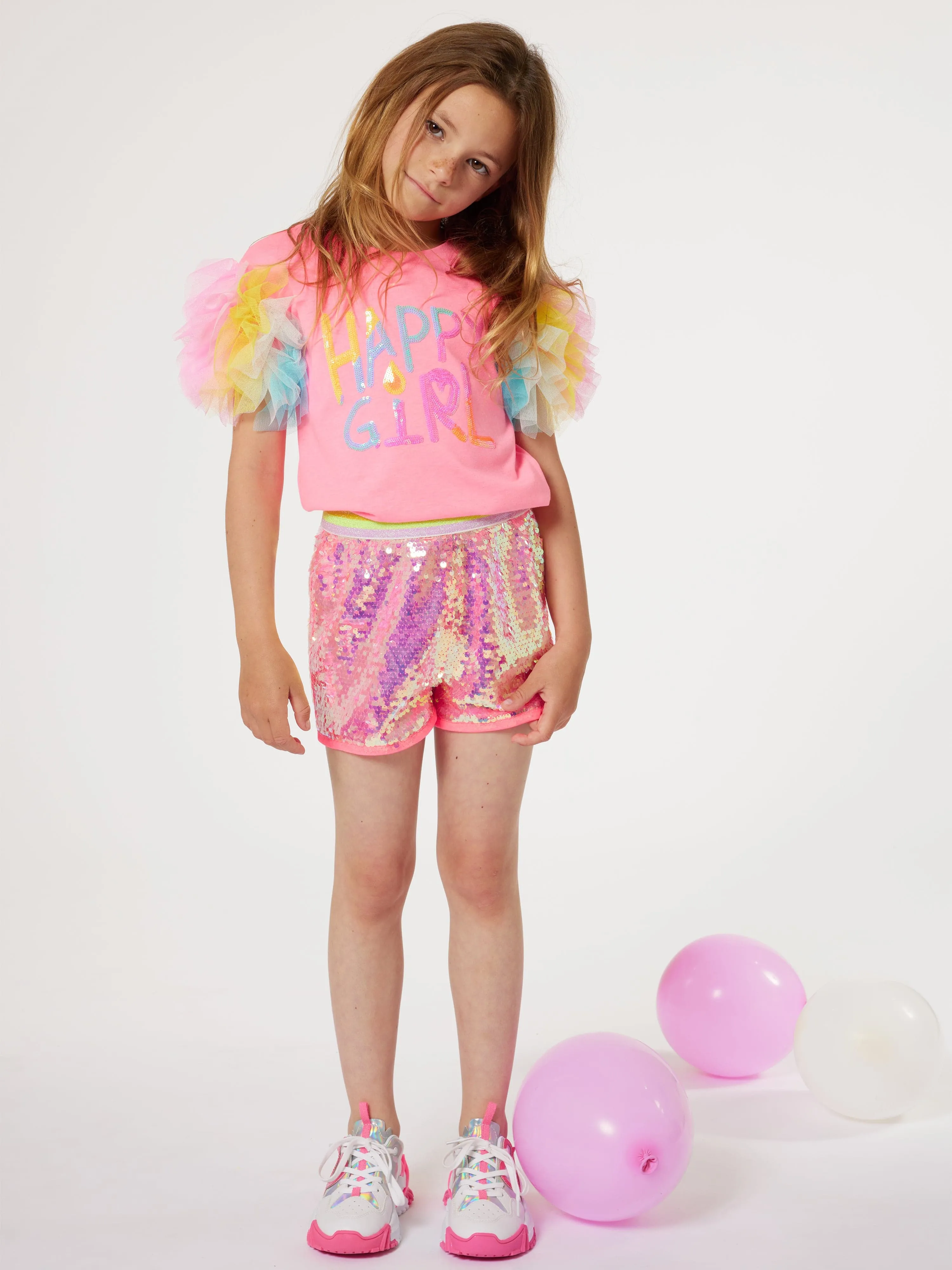 Billieblush Girls Glitter Shorts With Crown in Pink