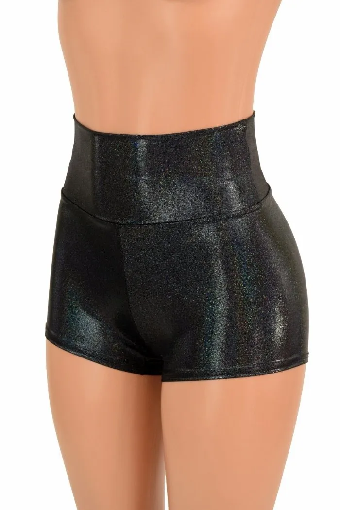 Black Holographic High Waist Shorts