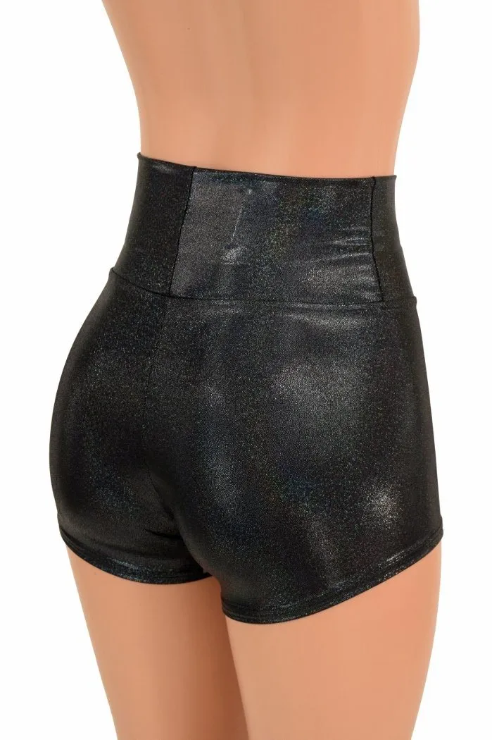 Black Holographic High Waist Shorts