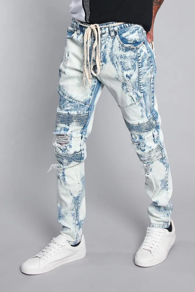 Bleached Moto Biker Denim Jeans