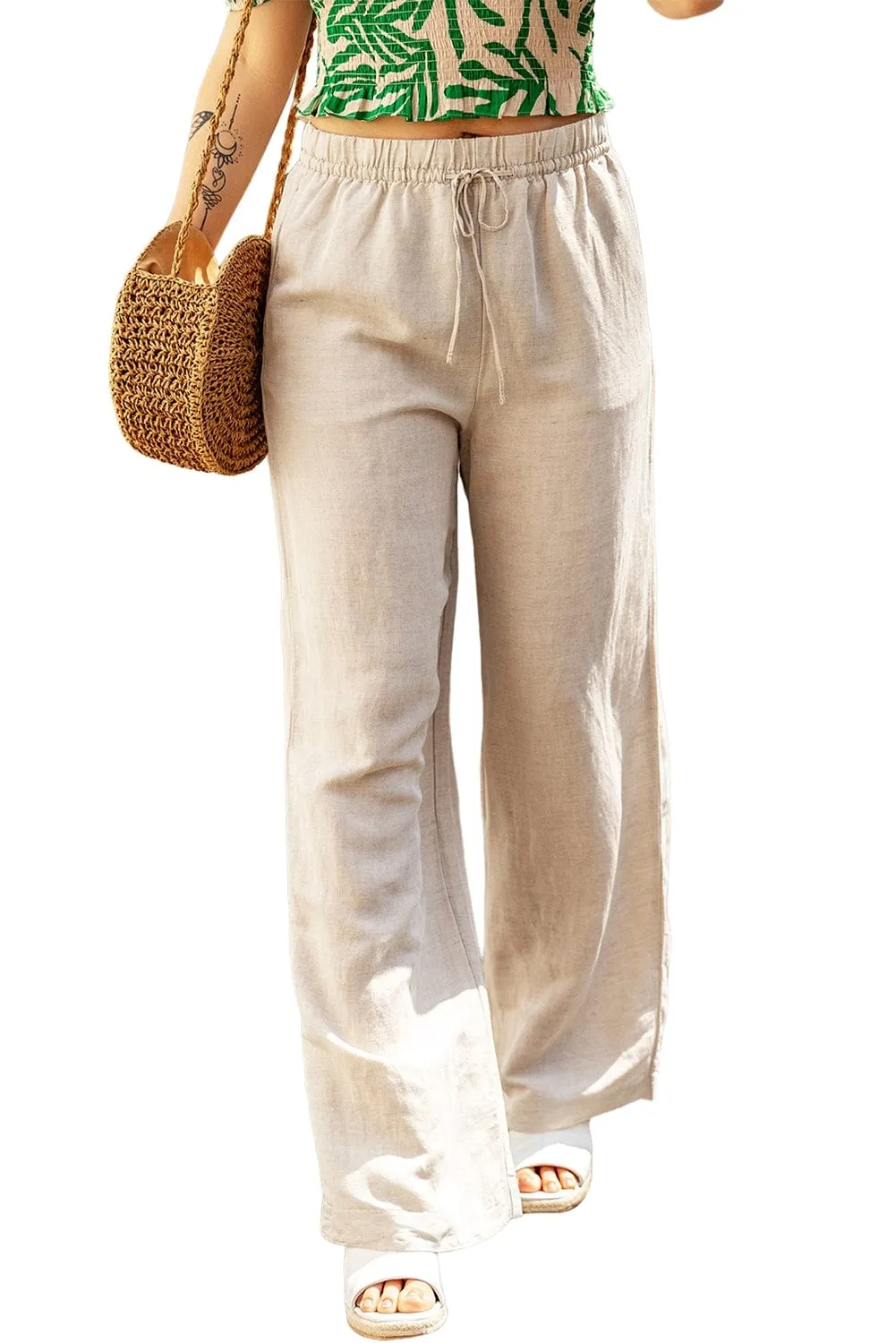 Casual Linen Drawstring Pants in Apricot