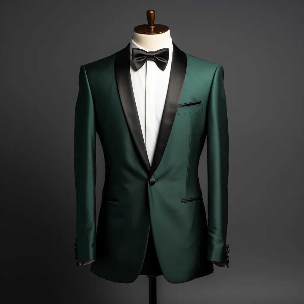 Dark Green Tuxedo Suit with Black Satin Lapels - Perfect for Weddings and Business