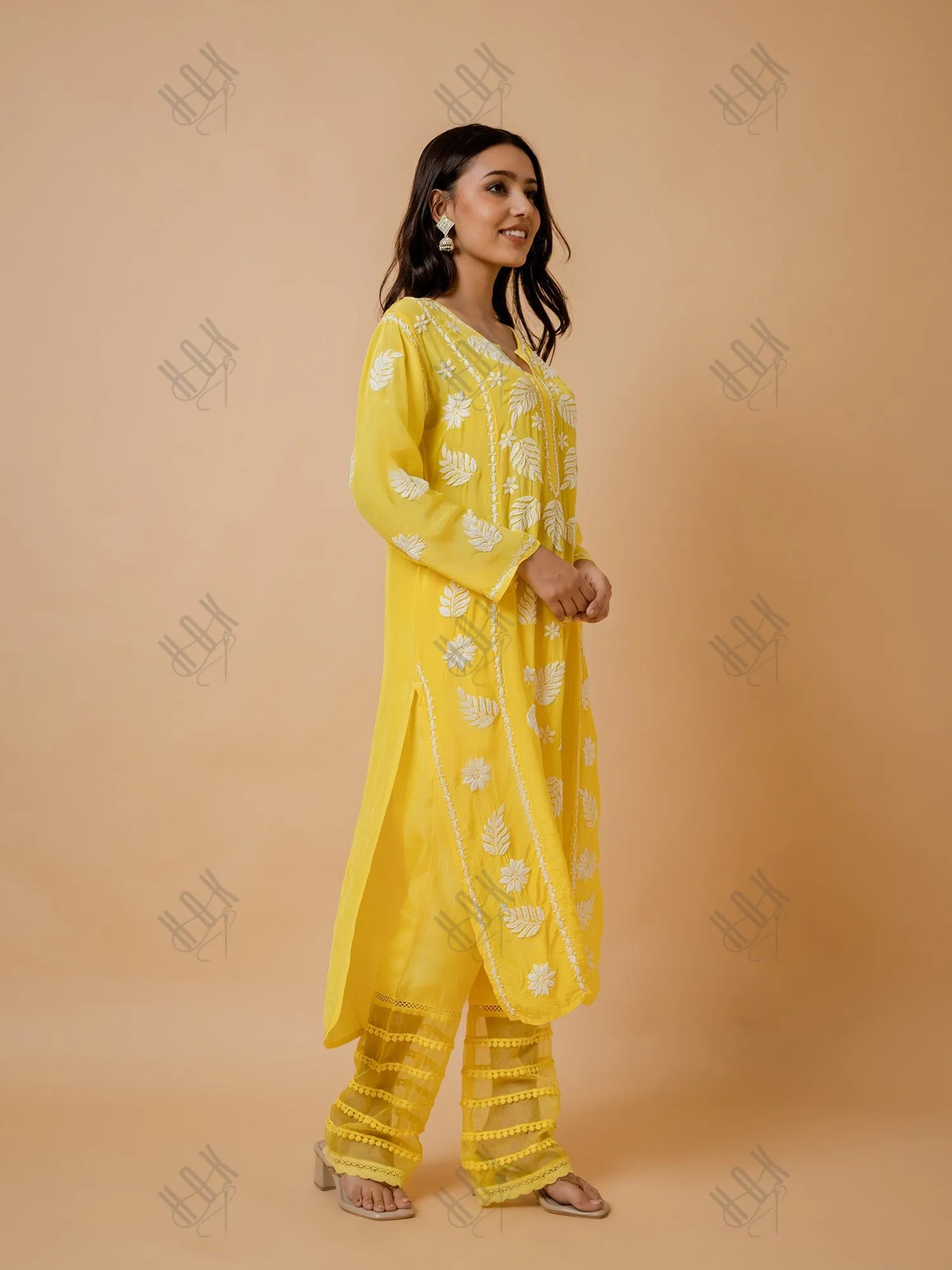 Fizaa Chikankari Crepe Silk Kurta for Women in Yellow Notch Neck