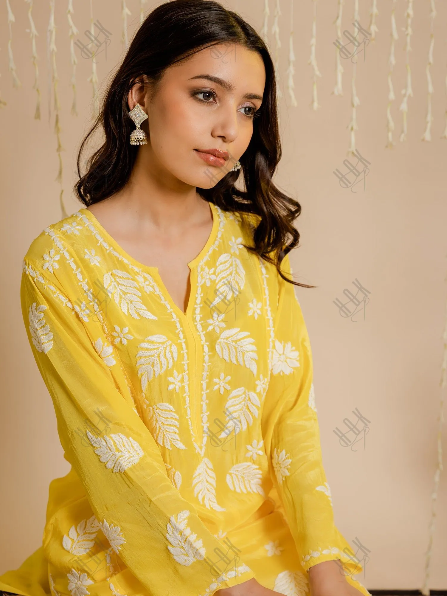 Fizaa Chikankari Crepe Silk Kurta for Women in Yellow Notch Neck