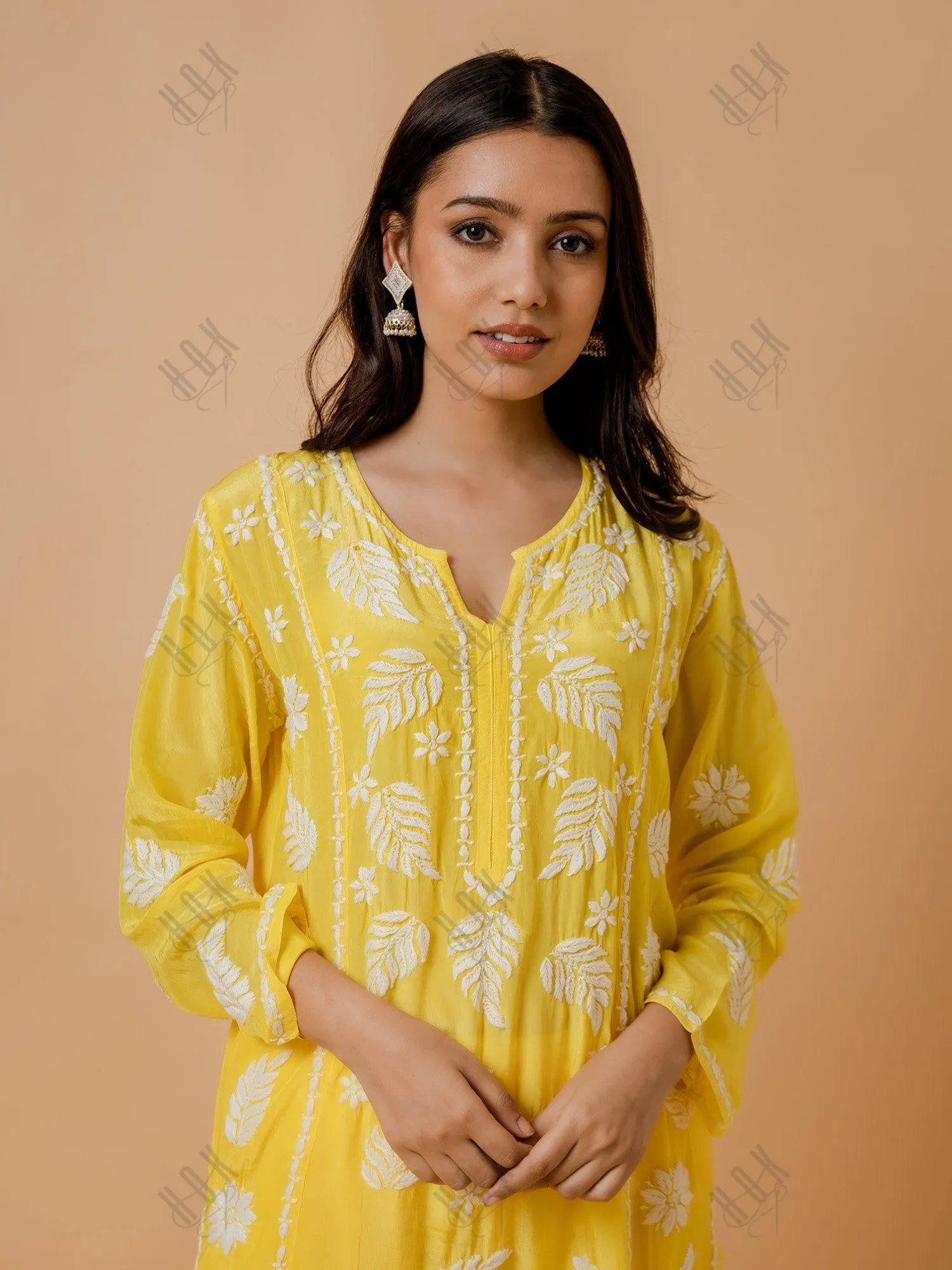 Fizaa Chikankari Crepe Silk Kurta for Women in Yellow Notch Neck