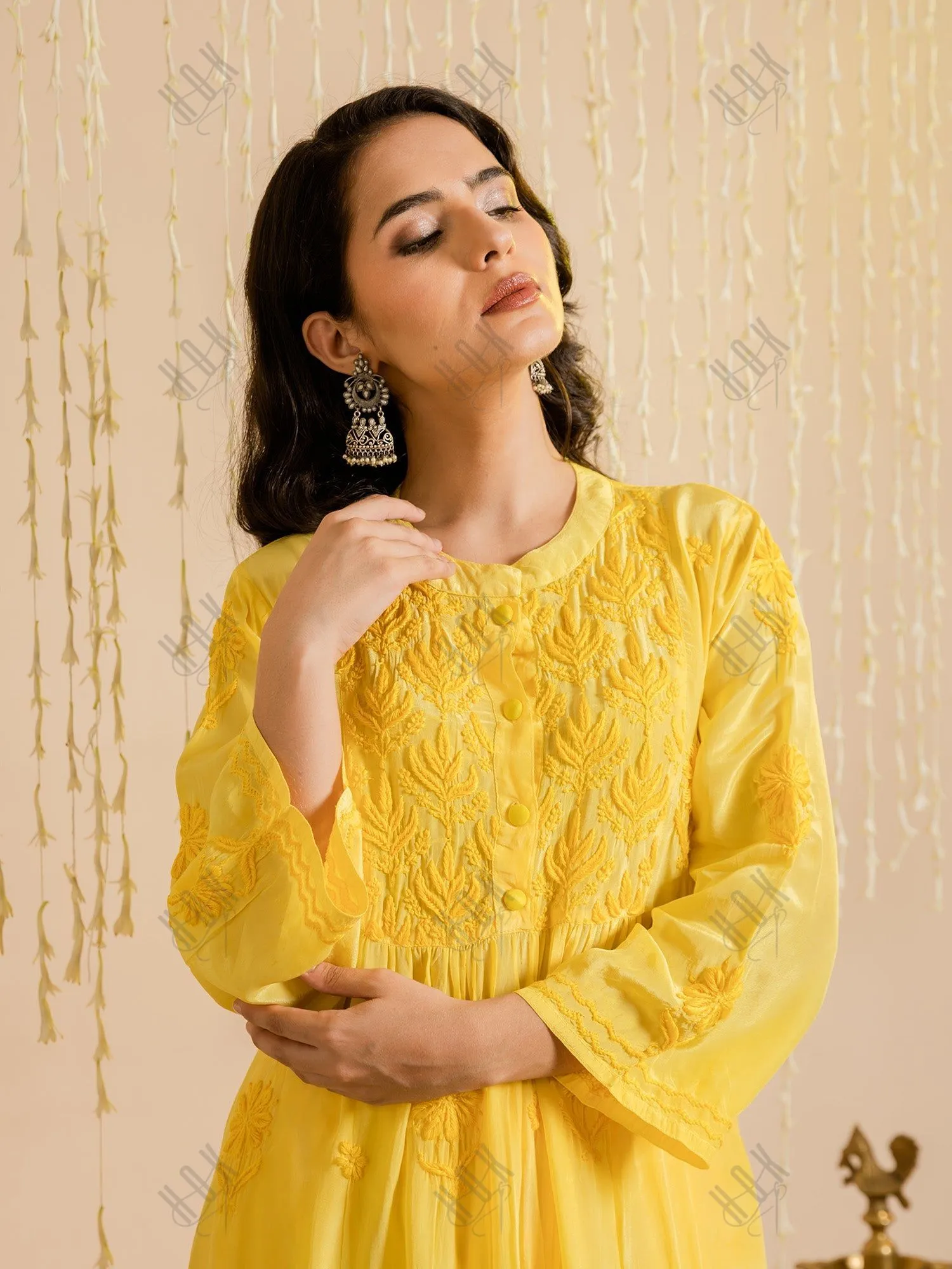 Fizaa Chikankari Crepe Silk Kurta for Women in Yellow Spraed Collar