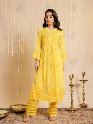 Fizaa Chikankari Crepe Silk Kurta for Women in Yellow Spraed Collar