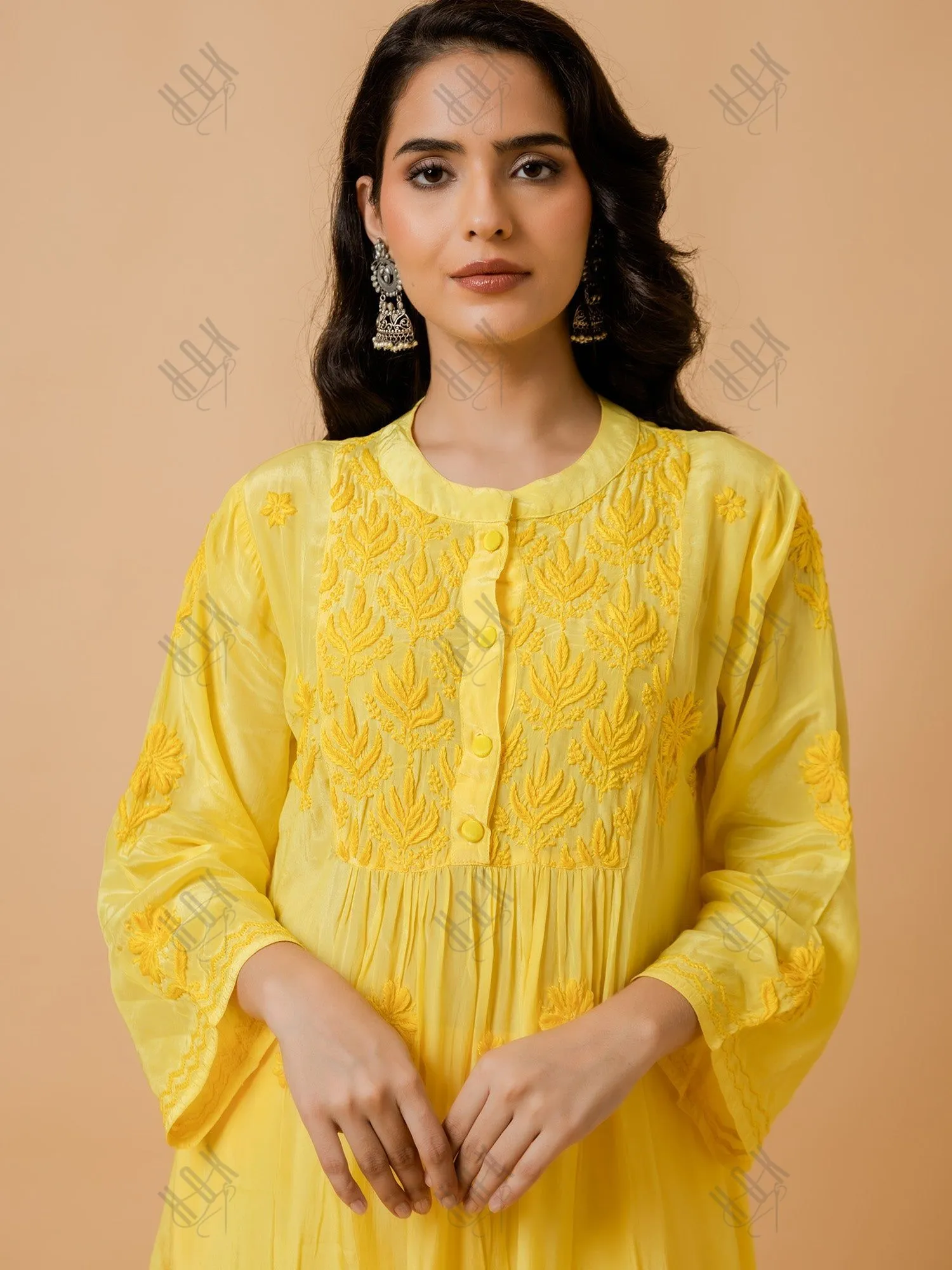 Fizaa Chikankari Crepe Silk Kurta for Women in Yellow Spraed Collar