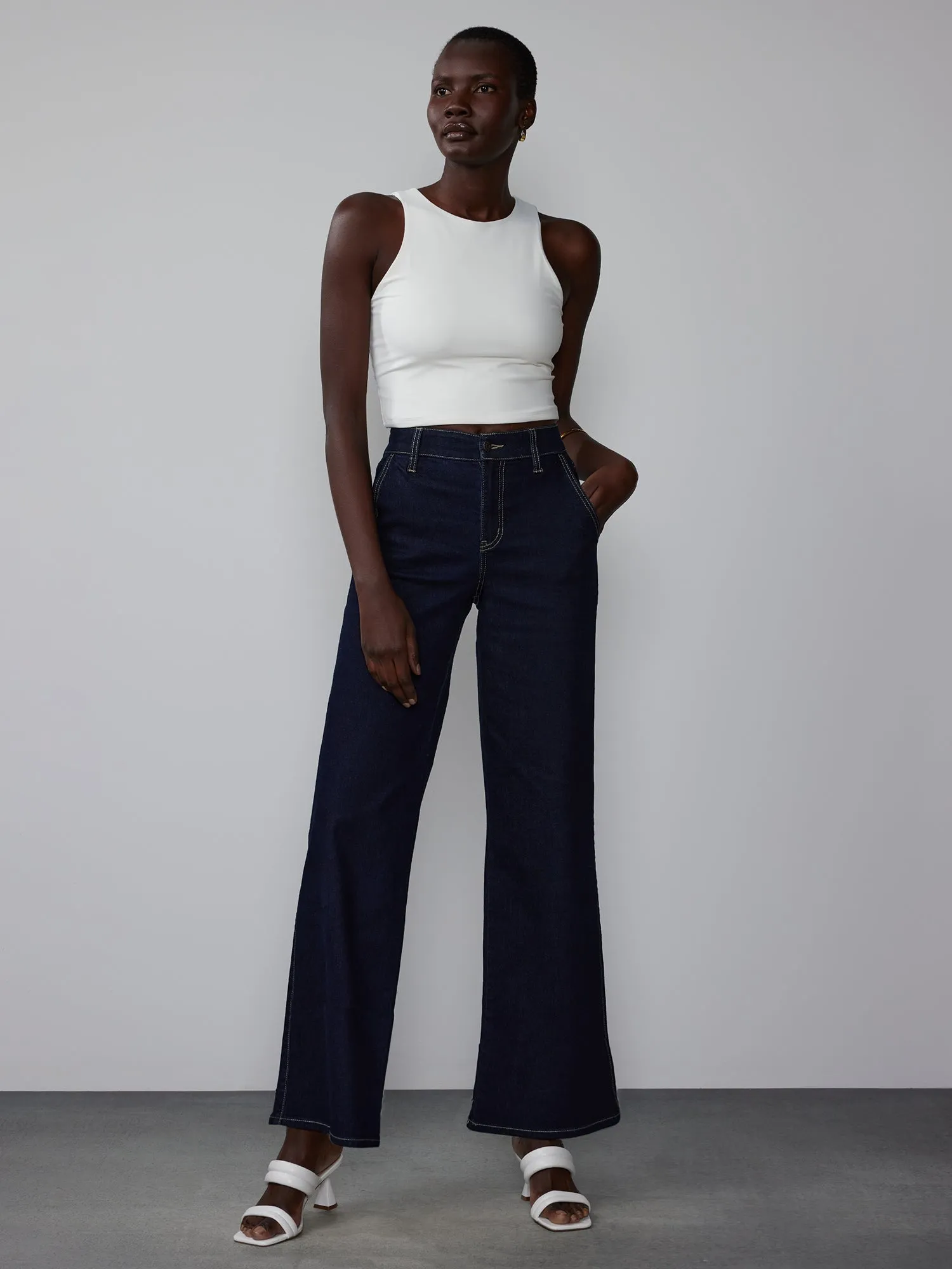 High Rise Wide Leg Contrast Stitch Jeans