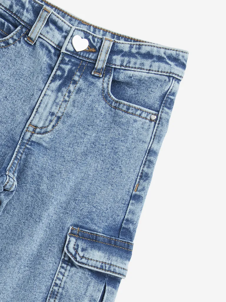 HOP Kids Blue Cargo-Style Relaxed - Fit Mid - Rise Jeans