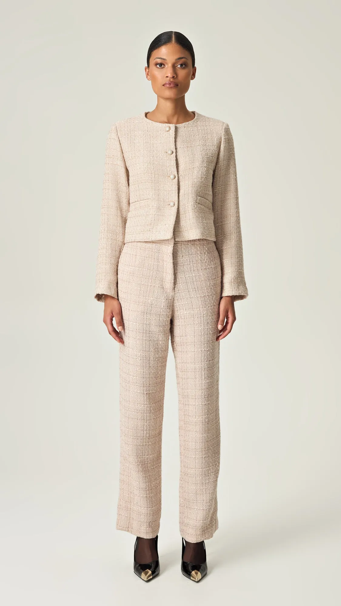 IVORY SOPHISTICATION HIGH WAISTED TWEED PANTS