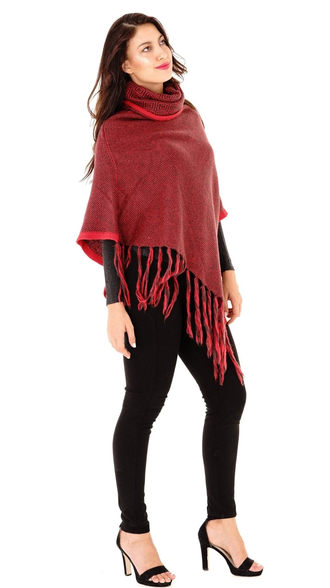 Knitted Turtleneck Poncho with Fringe