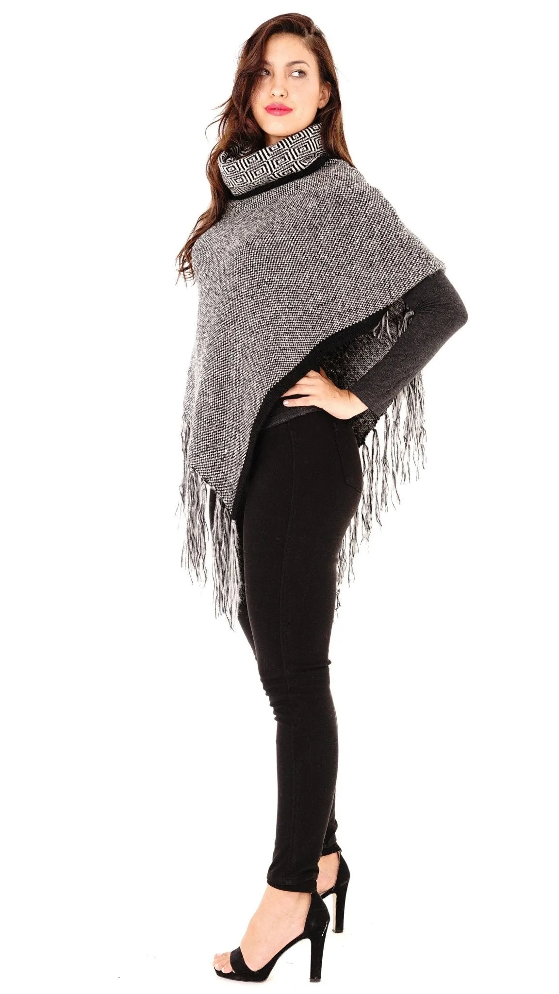 Knitted Turtleneck Poncho with Fringe