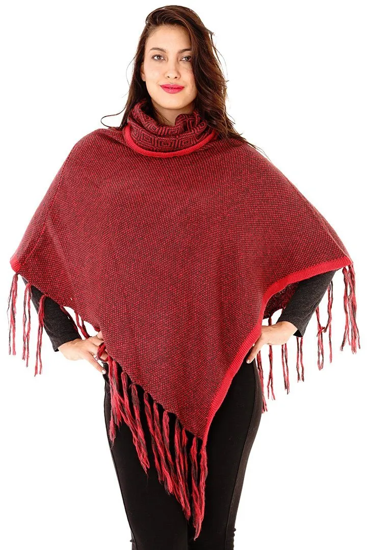 Knitted Turtleneck Poncho with Fringe