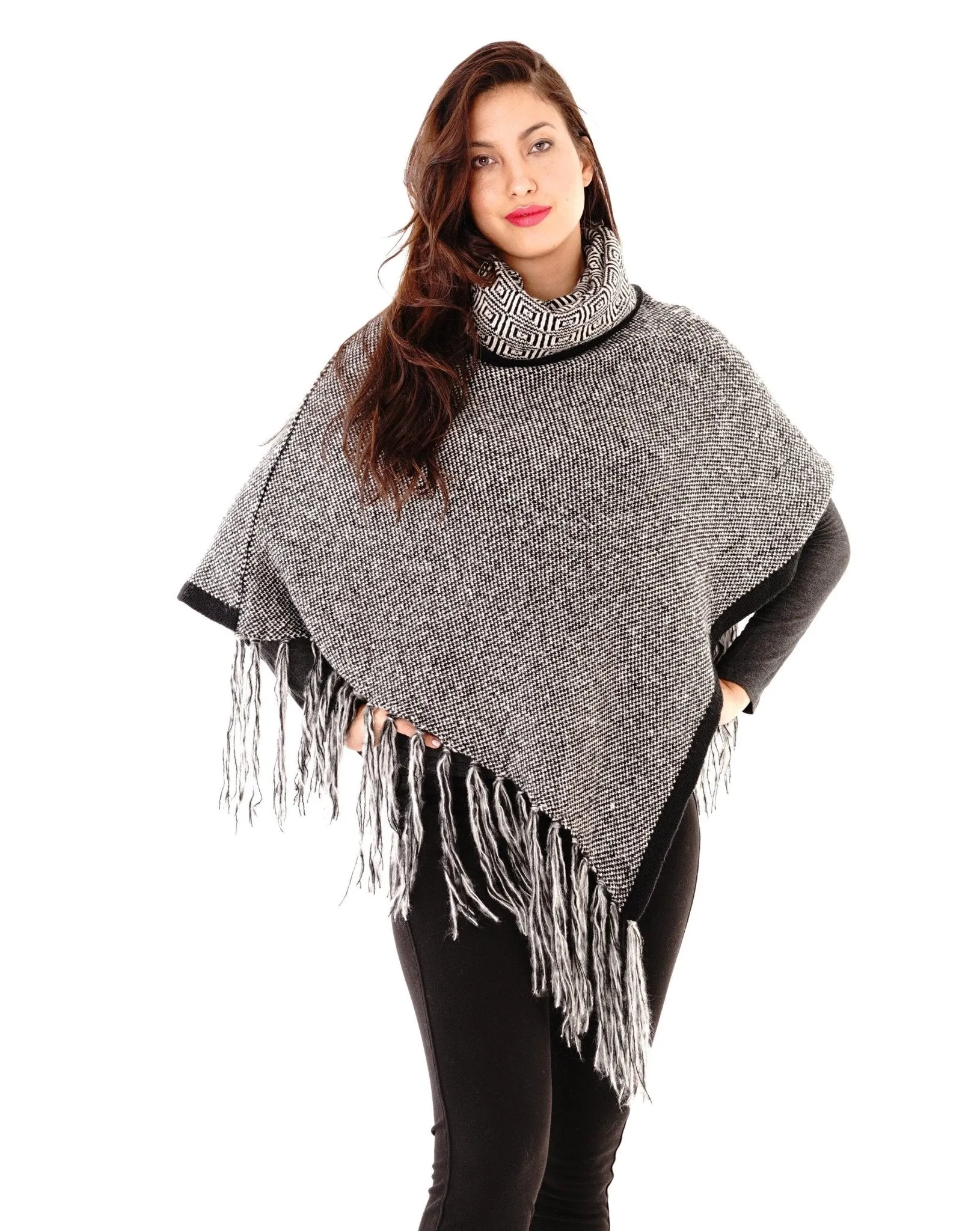 Knitted Turtleneck Poncho with Fringe