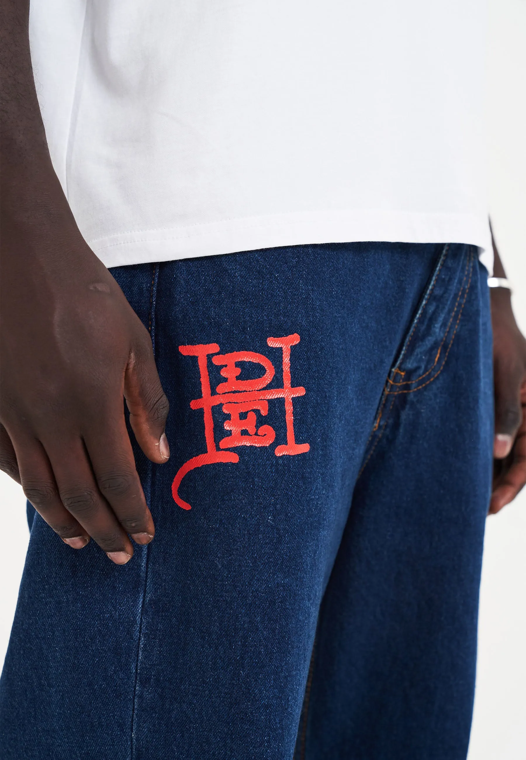 Mens Battle-Dragon Tattoo Denim Trousers Baggy Jeans - Indigo