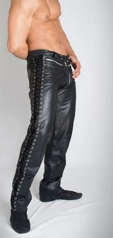 Men's Black Genuine Leather Laced Pants MP09