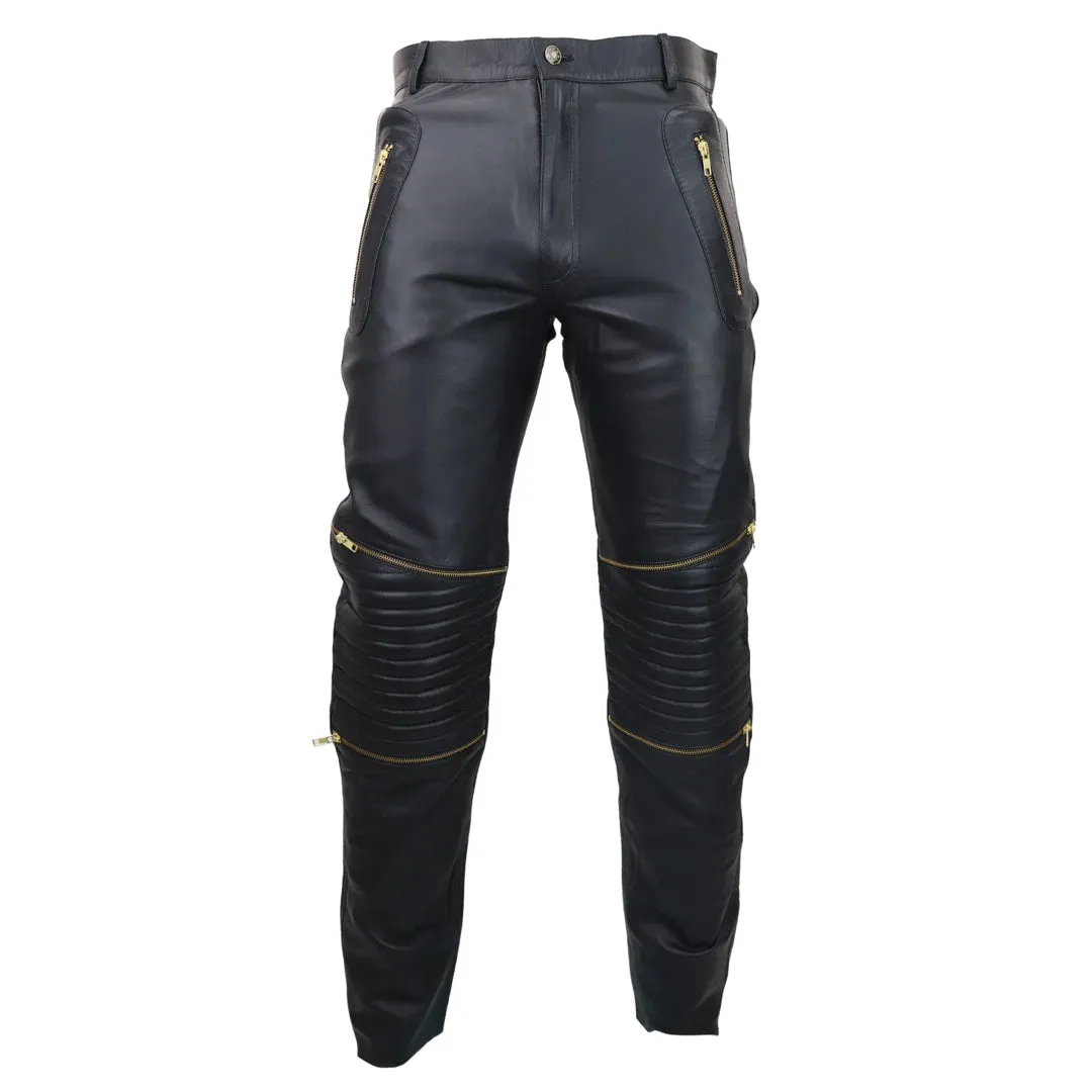 Men's Black White Leather Jeans Gold Zips Classic Goth Punk