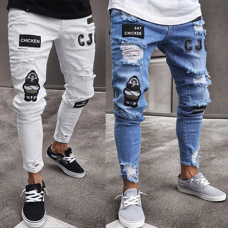 Men's Ripped Trendy Black Slim Fit White Jeans