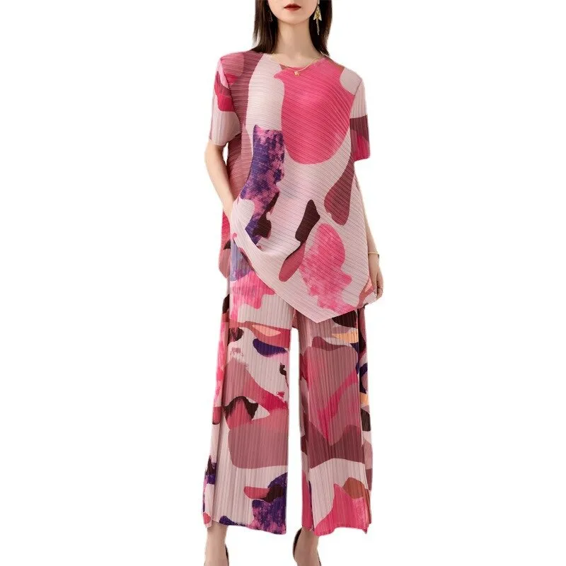 Miyake Pleated Printed Top & Wide Leg Pants Set