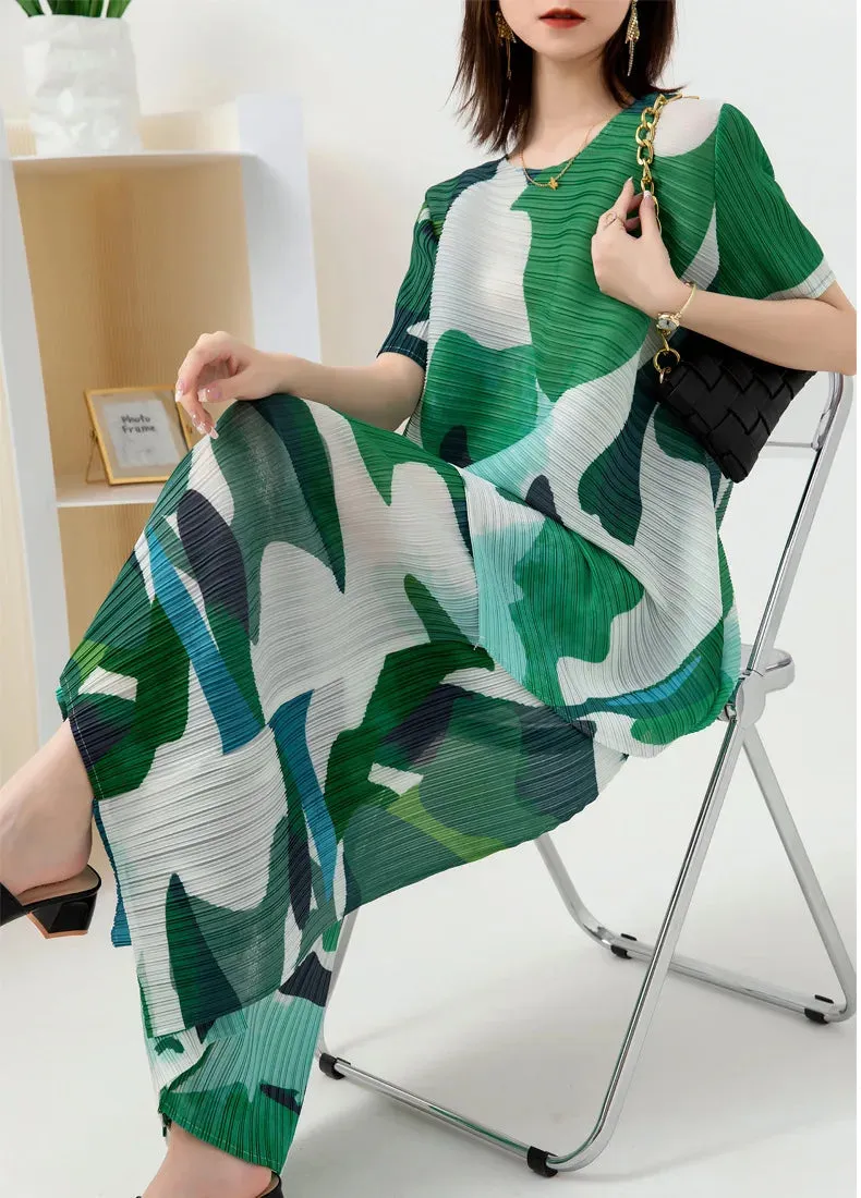 Miyake Pleated Printed Top & Wide Leg Pants Set