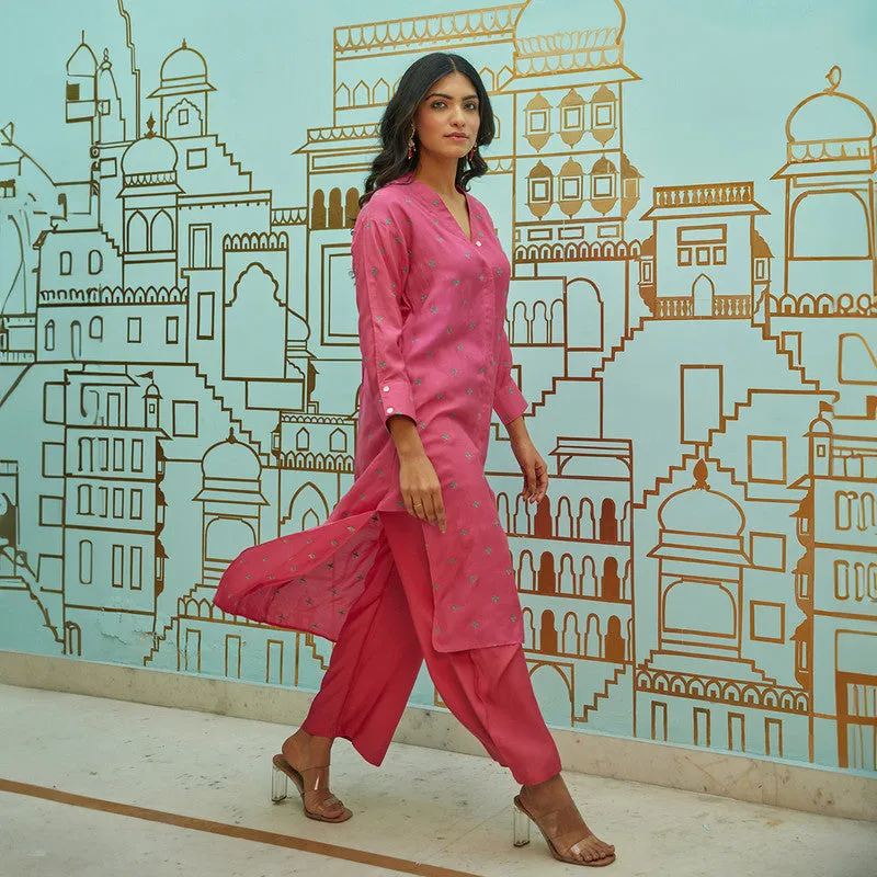 Muslin Kurta Set for Women | Pink | Embroidered