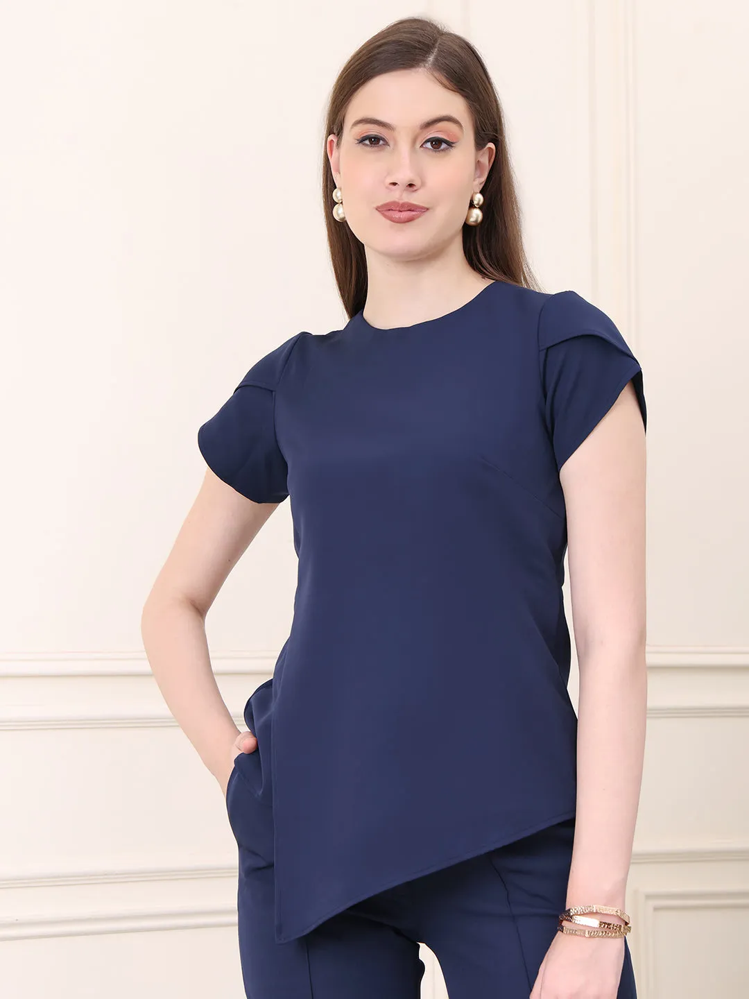 Navy Blue Blended Iconic Asymetrical Top & Straight Fit Trouser