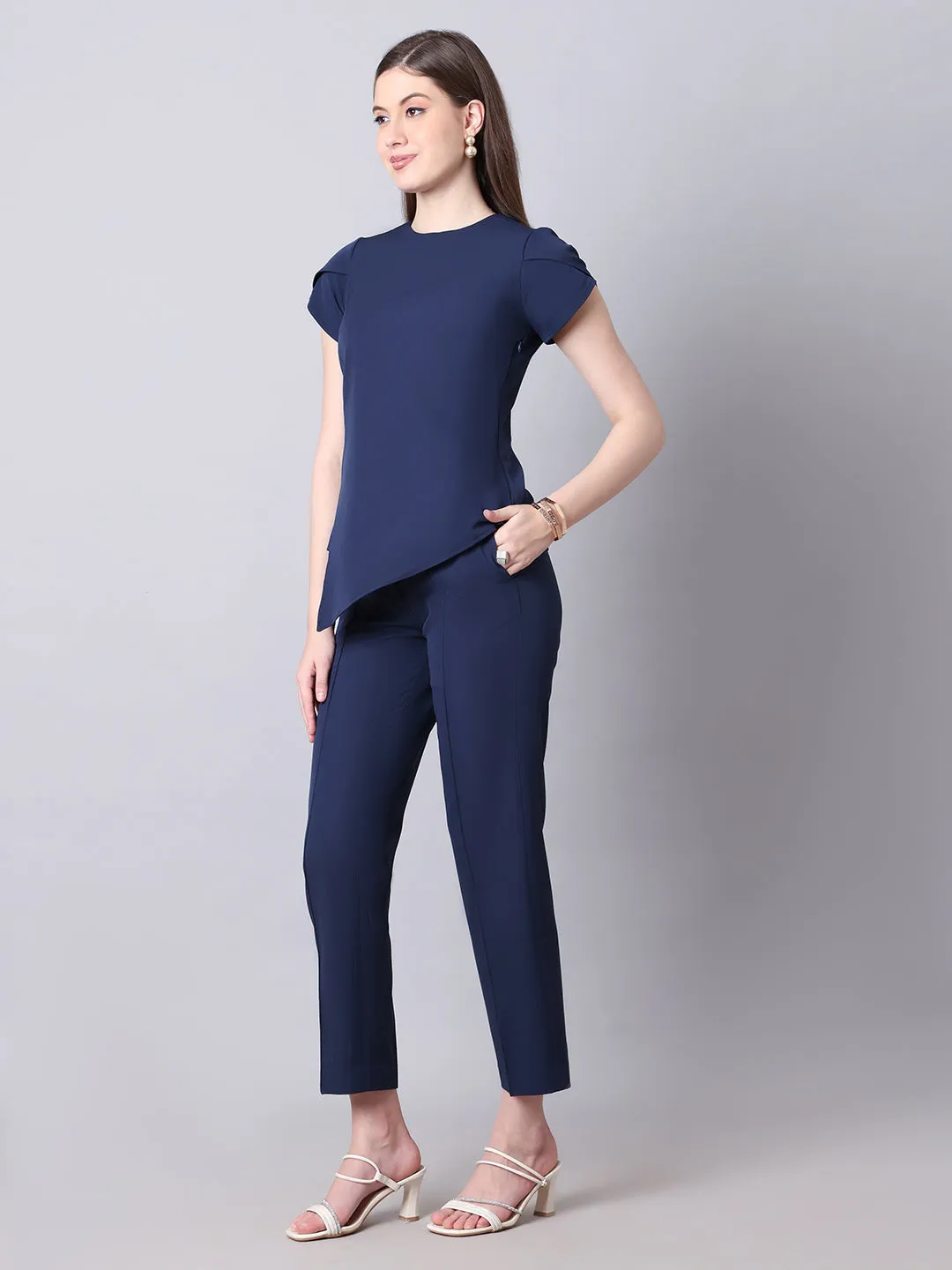 Navy Blue Blended Iconic Asymetrical Top & Straight Fit Trouser