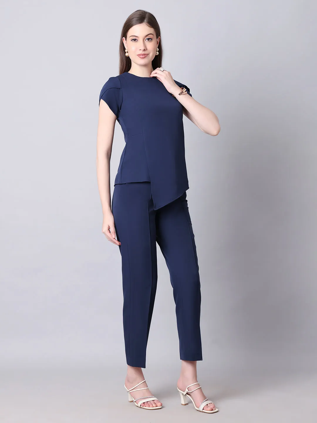 Navy Blue Blended Iconic Asymetrical Top & Straight Fit Trouser