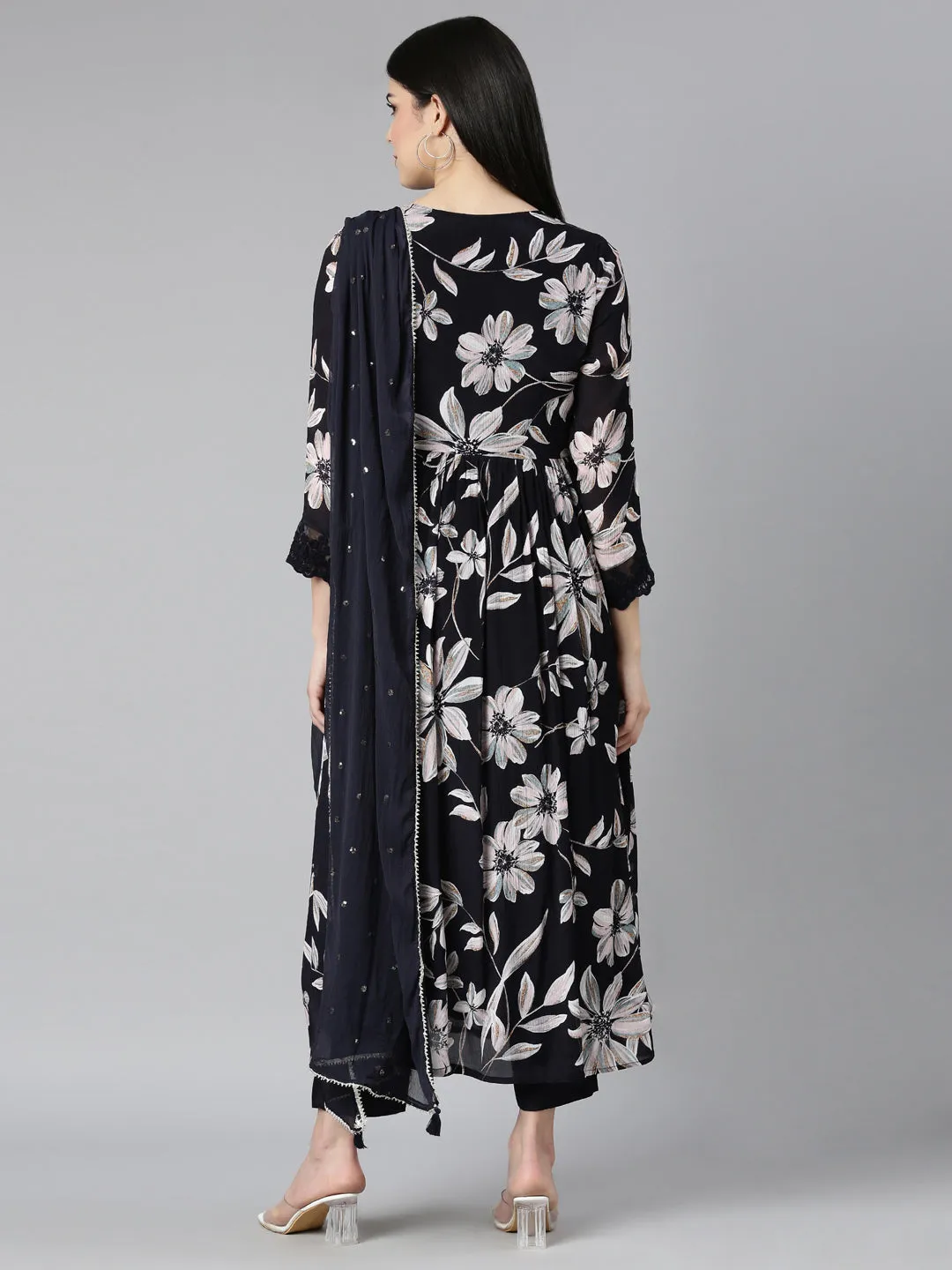 Neerus Navy Blue Regular Straight Floral Kurta And Trousers With Dupatta