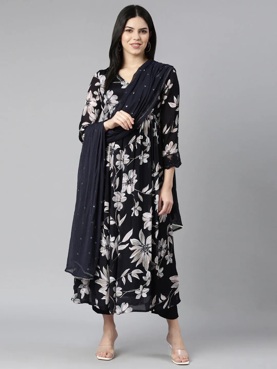 Neerus Navy Blue Regular Straight Floral Kurta And Trousers With Dupatta