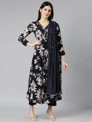 Neerus Navy Blue Regular Straight Floral Kurta And Trousers With Dupatta