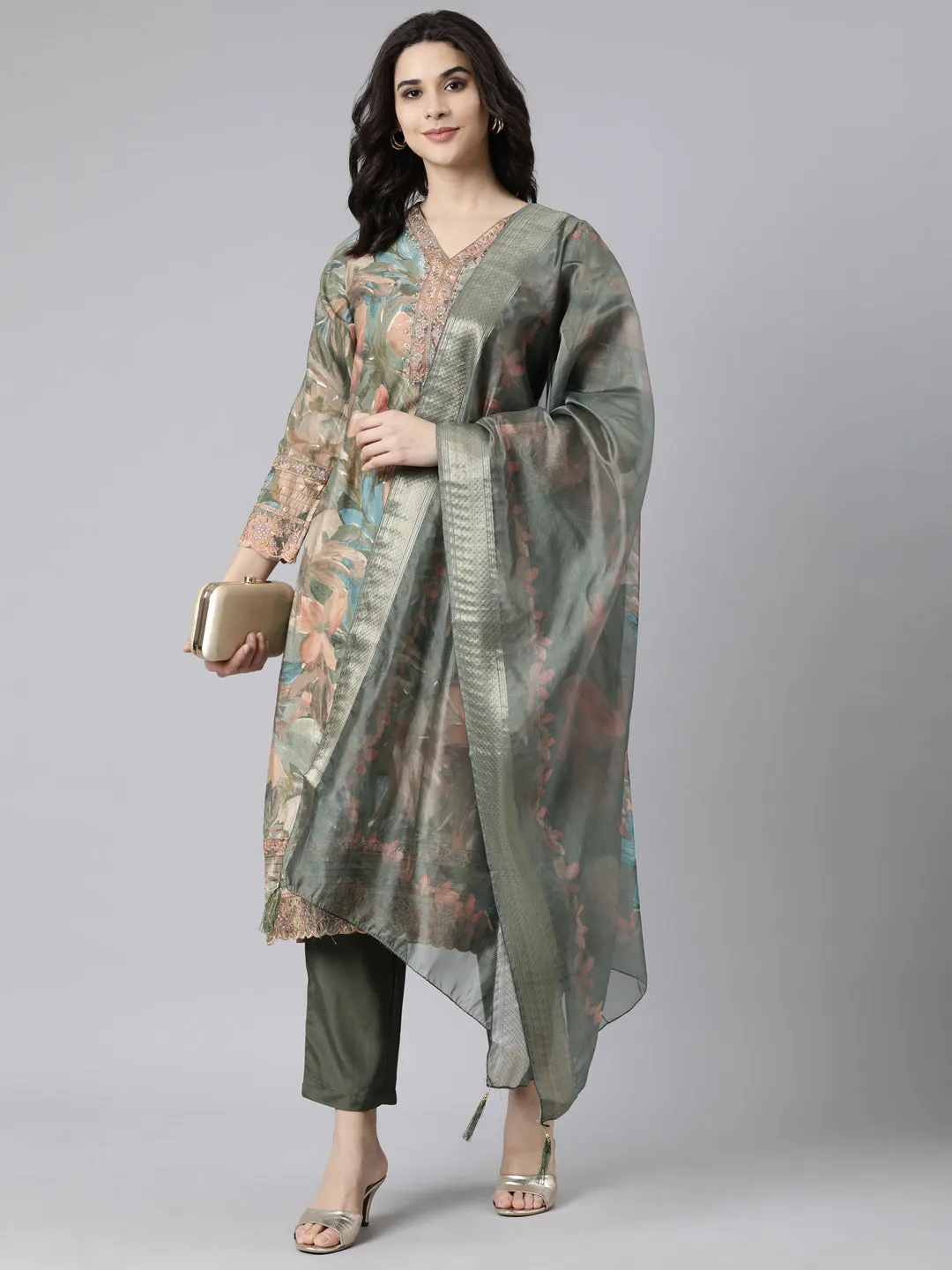 Neerus Olive Regular Straight Floral Kurta And  Trousers With Dupatta